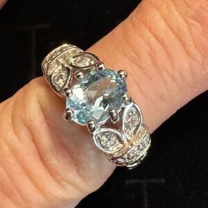 Sterling Silver RJ 925 Cultured Blue Topaz & CZ Ring (size 6)